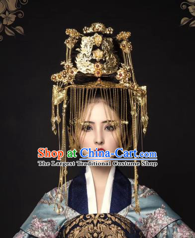 Chinese Traditional Southern and Northern Dynasties Headwear Ancient Empress Golden Tassel Phoenix Coronet