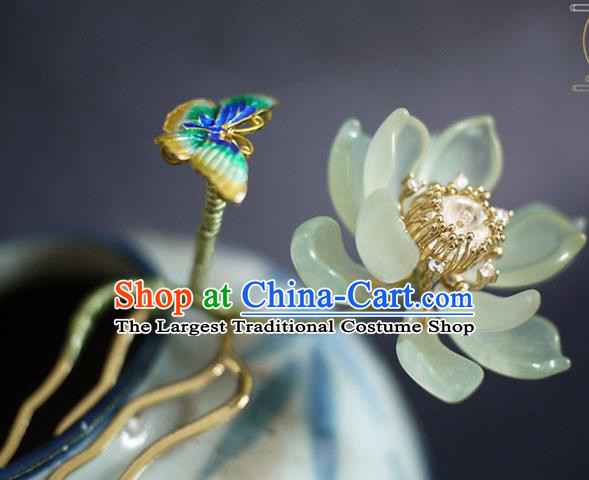Chinese Ancient Young Beauty Jade Lotus Hairpin Traditional Ming Dynasty Cloisonne Butterfly Hair Comb