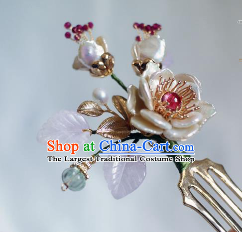 Chinese Ancient Palace Lady Amethyst Leaf Hairpin Traditional Ming Dynasty Shell Peony Hair Comb