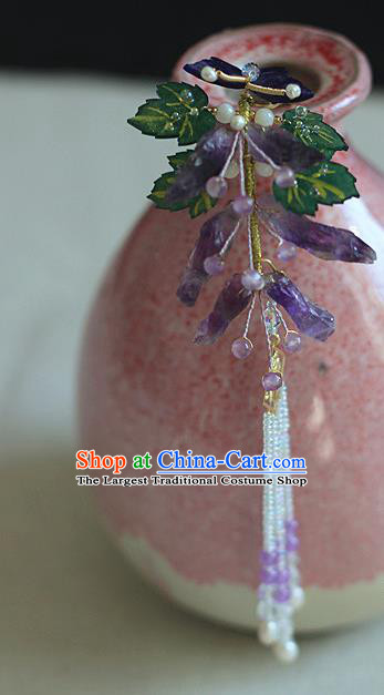 Chinese Ancient Princess Amethyst Iris Hairpin Traditional Ming Dynasty Beads Tassel Hair Stick