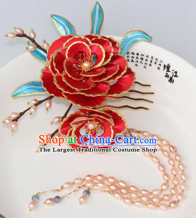 Chinese Traditional Ming Dynasty Pearls Tassel Hair Comb Ancient Princess Red Peony Hairpin