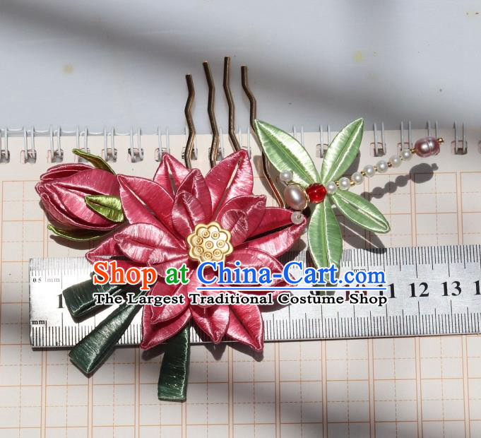 Chinese Handmade Pearls Dragonfly Hairpin Hair Accessories Ancient Palace Princess Pink Silk Lotus Hair Comb