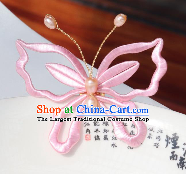 Chinese Ancient Princess Pink Silk Butterfly Hair Stick Handmade Hanfu Pearls Hairpin
