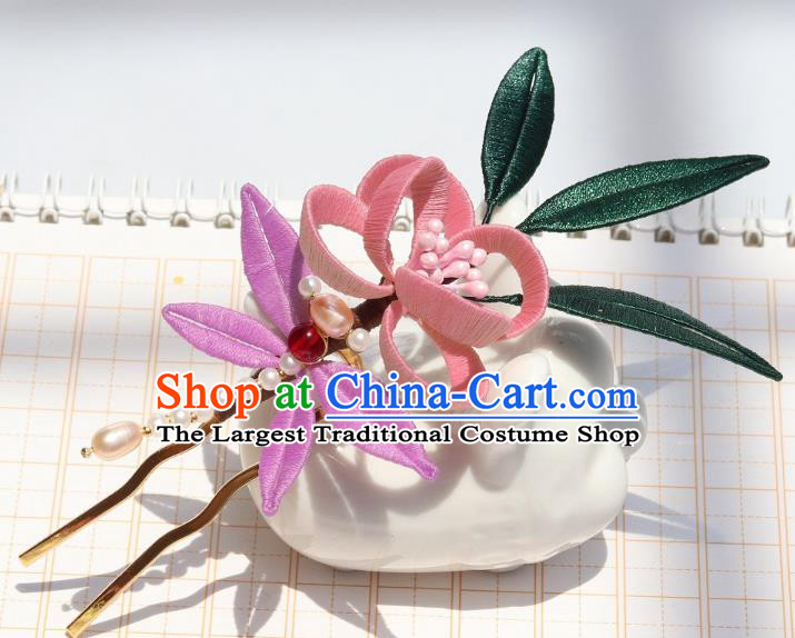 Chinese Handmade Hanfu Pink Flowers Hairpin Ancient Palace Lady Pearls Dragonfly Hair Stick