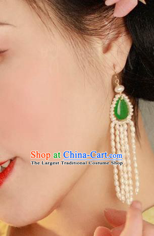 China National Pearls Tassel Earrings Traditional Cheongsam Jade Ear Jewelry