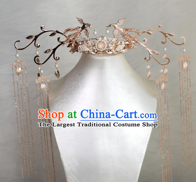 Chinese Ancient Court Lady Phoenix Coronet Traditional Song Dynasty Golden Birds Tassel Hair Crown