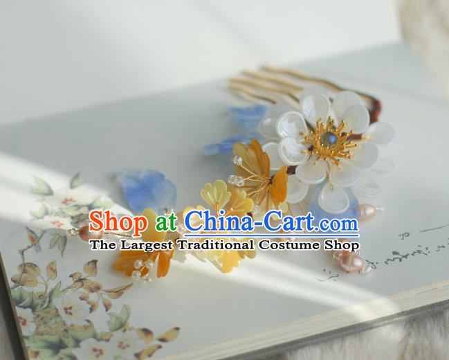 Chinese Handmade Classical White Flower Hair Comb Ancient Ming Dynasty Princess Shell Pearls Hairpin