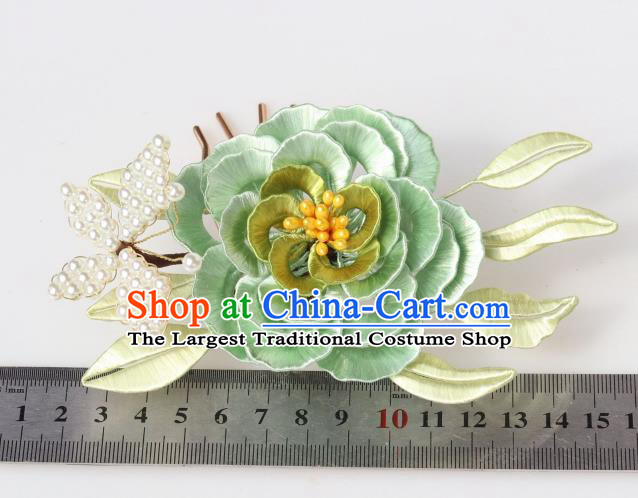 Chinese Ancient Princess Green Silk Camellia Hairpin Traditional Hanfu Pearls Butterfly Hair Comb