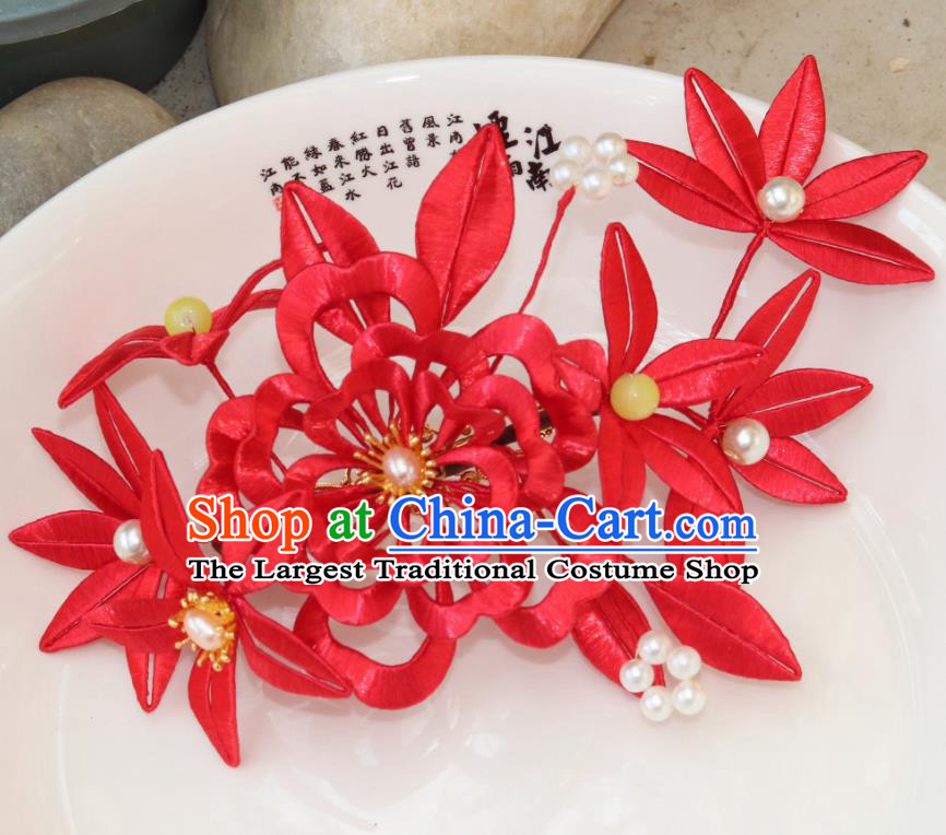 Chinese Traditional Song Dynasty Pearls Hair Comb Ancient Princess Red Silk Peony Hairpin