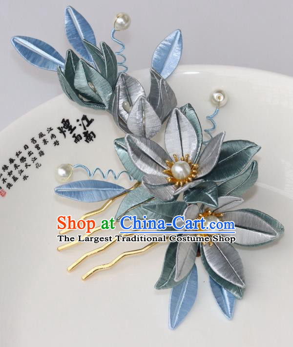 Chinese Ancient Palace Princess Pearls Hairpin Traditional Song Dynasty Grey Silk Flowers Hair Comb
