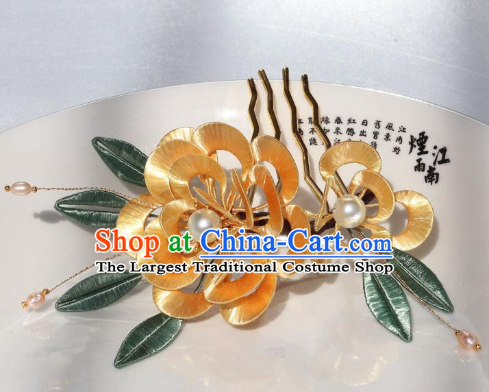 Chinese Ancient Hanfu Golden Silk Peony Hairpin Traditional Ming Dynasty Princess Pearls Hair Comb