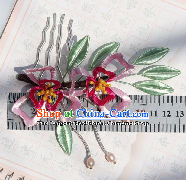 Chinese Handmade Ancient Young Lady Hairpin Ming Dynasty Princess Pink Silk Flowers Hair Stick