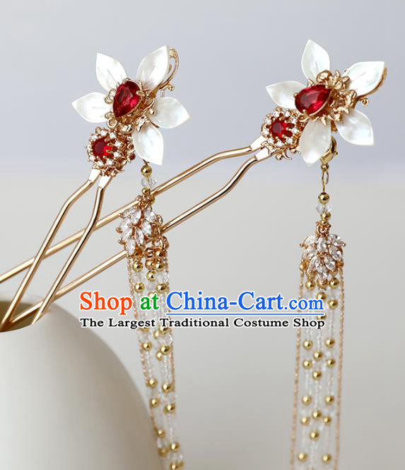 Chinese Ancient Princess Shell Flower Hairpin Traditional Ming Dynasty Golden Beads Tassel Hair Stick