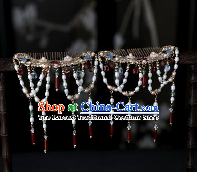 Chinese Ancient Court Princess Golden Hairpin Traditional Song Dynasty Pearls Tassel Hair Comb