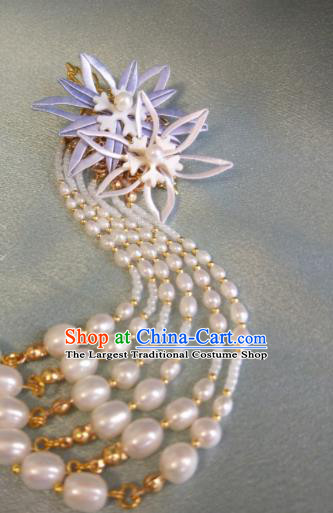 Chinese Ancient Princess Pearls Tassel Hair Comb Traditional Silk Flowers Hairpin Ming Dynasty Hair Accessories