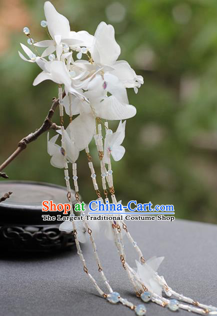 Chinese Ancient Fairy Princess White Butterfly Hairpin Traditional Hanfu Beads Tassel Hair Stick