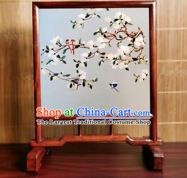 China Handmade Rosewood Table Ornament Embroidered Mangnolia Desk Screen Double Side Suzhou Embroidery Silk Craft