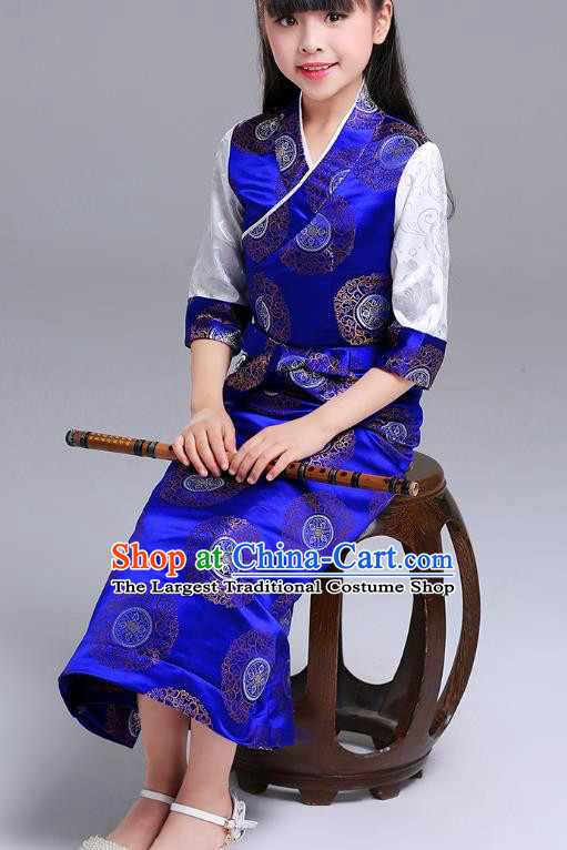 Chinese Traditional Zang Nationality Children Costumes Tibetan Ethnic Minority Girl Royalblue Brocade Dress