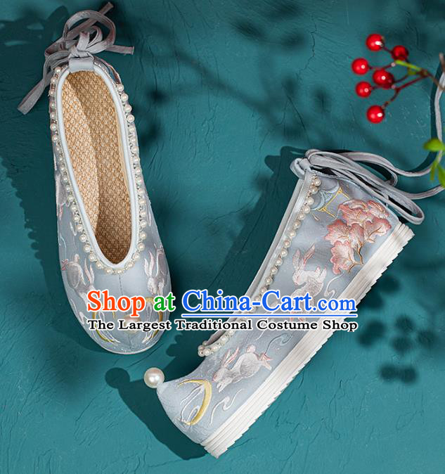 China Embroidered Rabbits Pearls Shoes Traditional Ming Dynasty Princess Shoes Handmade Hanfu Blue Bow Shoes