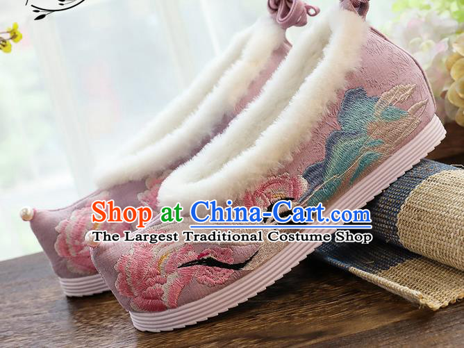 China Traditional Embroidered Cloud Crane Shoes Handmade Winter Pink Cloth Shoes National Woman Hanfu Shoes