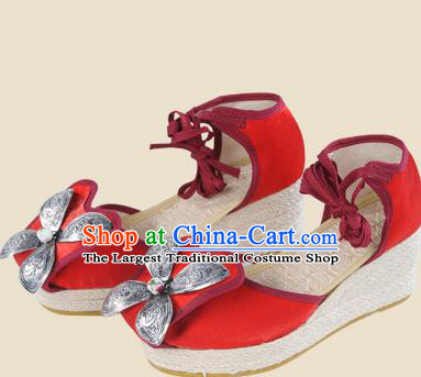 Chinese Yunnan Ethnic Silver Wedge Heel Sandal Summer Shoes National Red Cloth Shoes