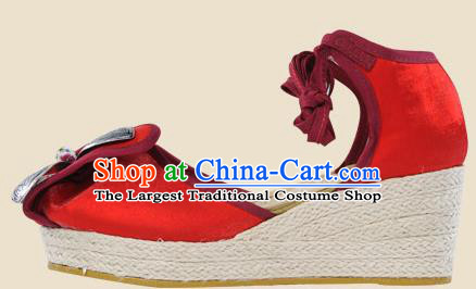 Chinese Yunnan Ethnic Silver Wedge Heel Sandal Summer Shoes National Red Cloth Shoes