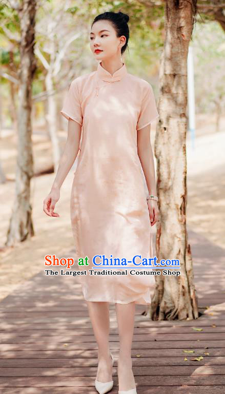 Chinese National Young Lady Cheongsam Costume Traditional Stand Collar Pink Qipao Dress