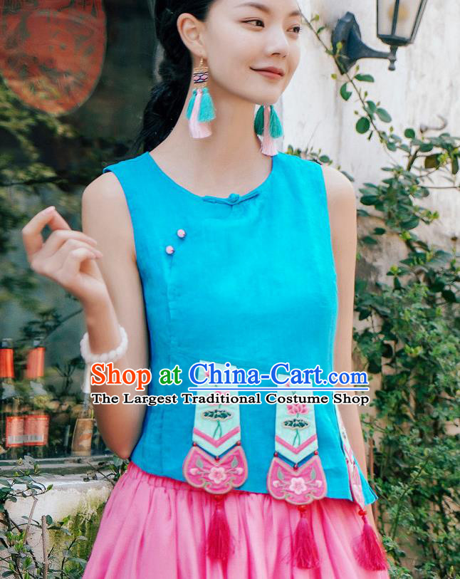 China National Tang Suit Upper Outer Garment Clothing Traditional Embroidered Blue Vest