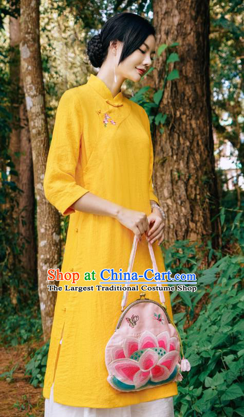 Chinese Traditional Stand Collar Yellow Qipao Dress National Young Lady Embroidered Cheongsam Costume