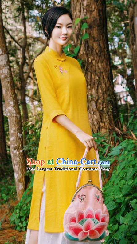 Chinese Traditional Stand Collar Yellow Qipao Dress National Young Lady Embroidered Cheongsam Costume