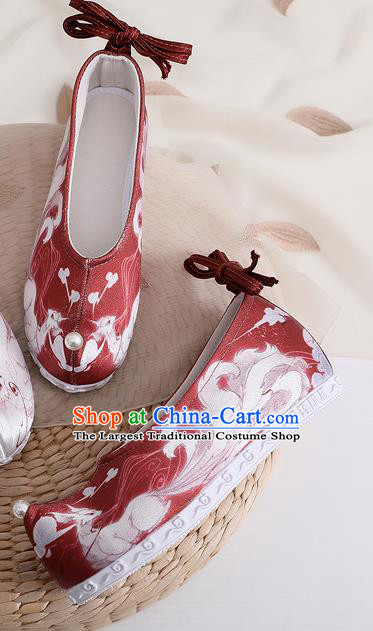 China Traditional Hanfu Shoes Handmade Ming Dynasty Princess Shoes Classical Nine Tail Fox Pattern Red Cloth Shoes