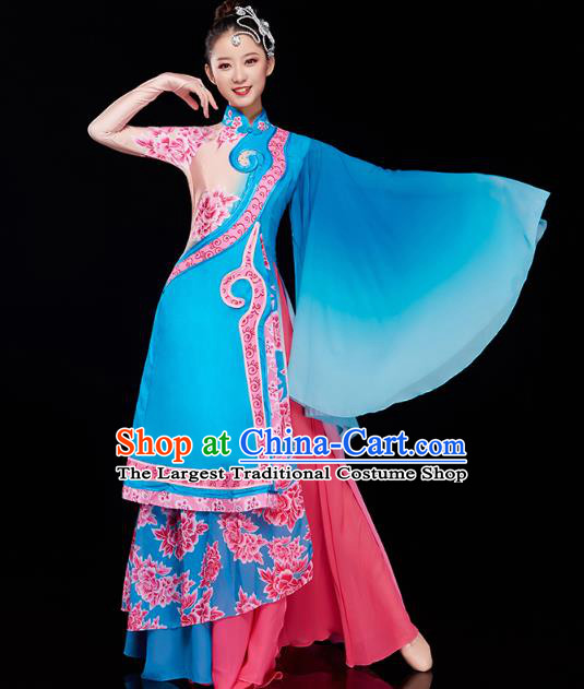 China Classical Dance Blue Dress Traditional Woman Solo Dance Costume Umbrella Dance Clothing