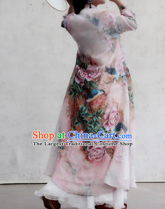 Chinese Traditional Stand Collar Flax Cheongsam National Woman Costume Printing Rose Lilac Qipao Dress