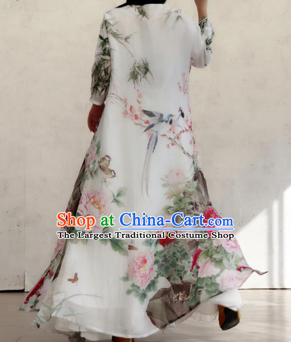 Chinese Traditional Printing Peony White Qipao Dress Stand Collar Cheongsam National Woman Costume