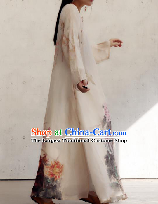 Chinese National Woman Costume Traditional Printing Chrysanthemum Cat White Qipao Dress Stand Collar Cheongsam