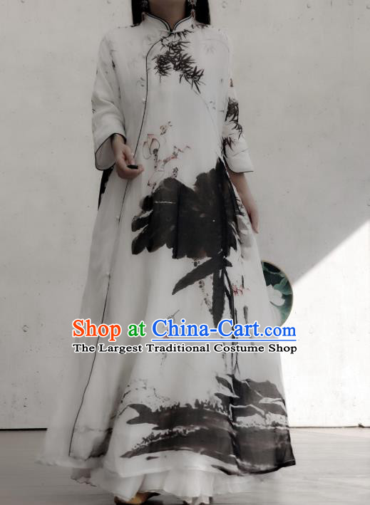 Chinese Traditional White Stand Collar Qipao Dress Ink Painting Lotus Cheongsam National Woman Costume