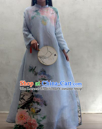 Chinese National Woman Costume Traditional Stand Collar Qipao Dress Printing Peony Blue Cheongsam