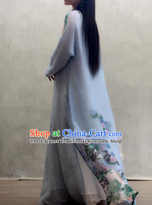 Chinese National Woman Costume Traditional Stand Collar Qipao Dress Printing Peony Blue Cheongsam