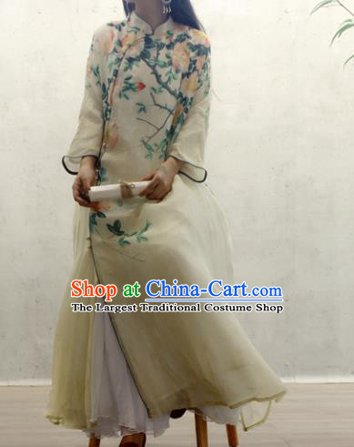 Chinese National Printing Flowers Yellow Cheongsam Woman Costume Traditional Stand Collar Qipao Dress