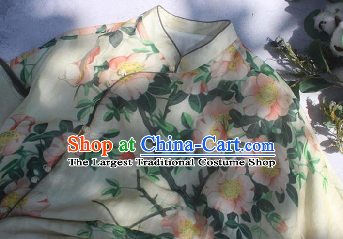 Chinese National Printing Flowers Yellow Cheongsam Woman Costume Traditional Stand Collar Qipao Dress