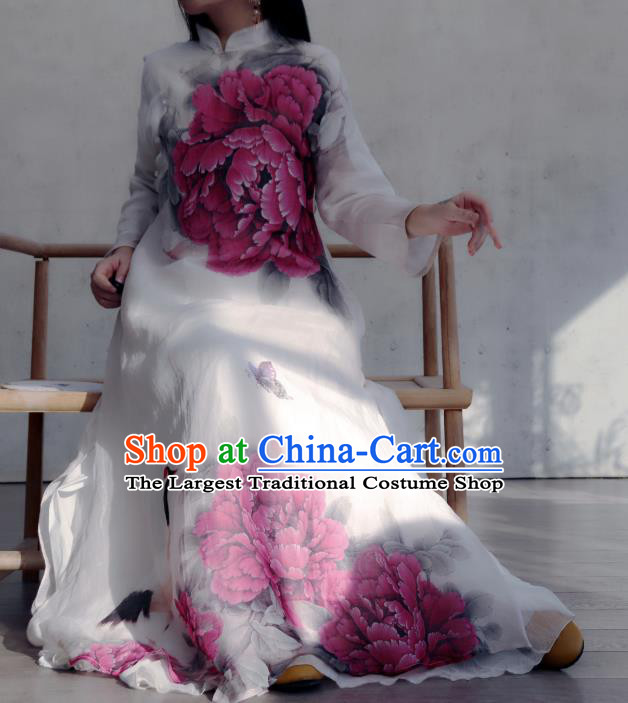 Chinese Traditional Woman Costume Stand Collar Qipao Dress National Printing Purple Peony Cheongsam