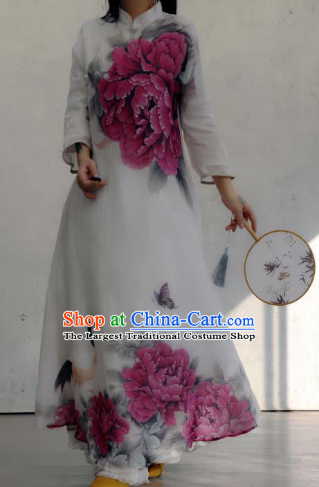 Chinese Traditional Woman Costume Stand Collar Qipao Dress National Printing Purple Peony Cheongsam