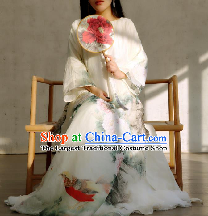 Chinese Slant Opening Qipao Dress National Printing Peony White Cheongsam Traditional Woman Costume