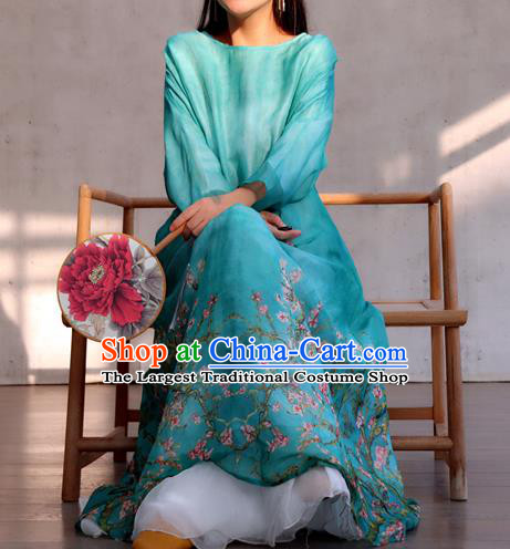 Chinese Traditional Printing Flowers Blue Qipao Dress Woman Costume National Round Collar Cheongsam