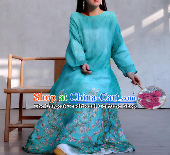Chinese Traditional Printing Flowers Blue Qipao Dress Woman Costume National Round Collar Cheongsam