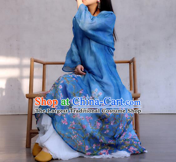 Chinese Traditional Dance Qipao Dress Woman Costume National Round Collar Deep Blue Cheongsam