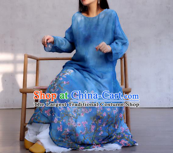 Chinese Traditional Dance Qipao Dress Woman Costume National Round Collar Deep Blue Cheongsam