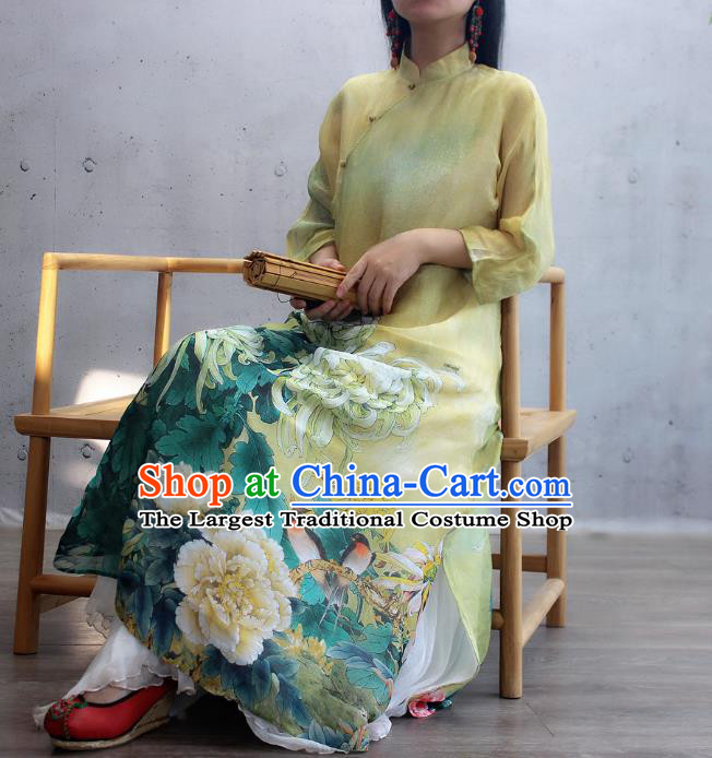 Chinese Traditional Printing Chrysanthemum Qipao Dress Woman Costume National Stand Collar Yellow Cheongsam