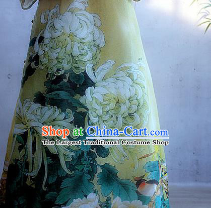 Chinese Traditional Printing Chrysanthemum Qipao Dress Woman Costume National Stand Collar Yellow Cheongsam