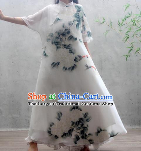 Chinese Traditional Printing Peony Qipao Dress Woman Costume National Stand Collar White Cheongsam